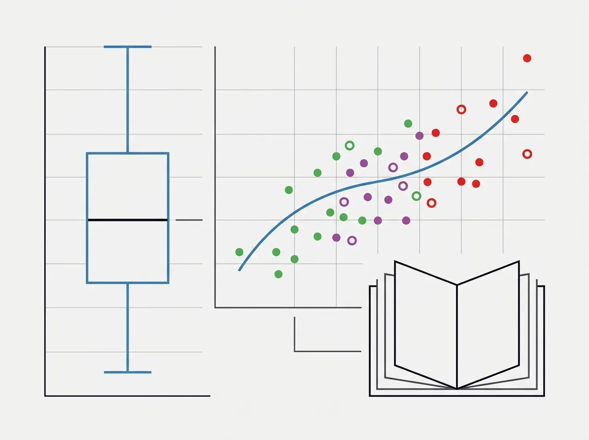 Um boxplot, um gráfico de dispersão com curva de ajuste e um livro aberto, desenhados em linhas.
