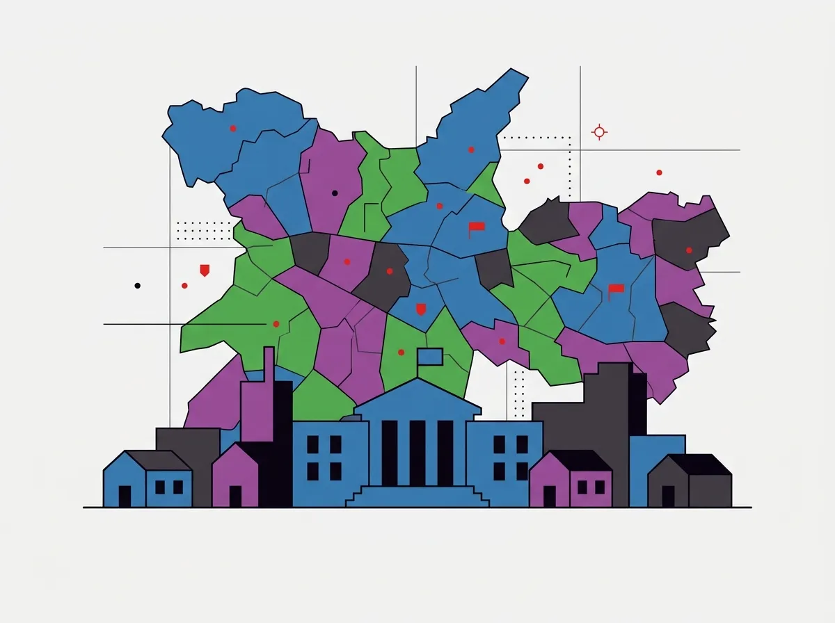 Prédio público e casas de uma cidade diante de um mapa em mosaico de áreas coloridas.